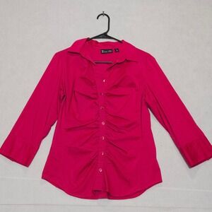 New York & Company 7th Avenue Hot Pink Ruched Button Down Shirt Womens Medium